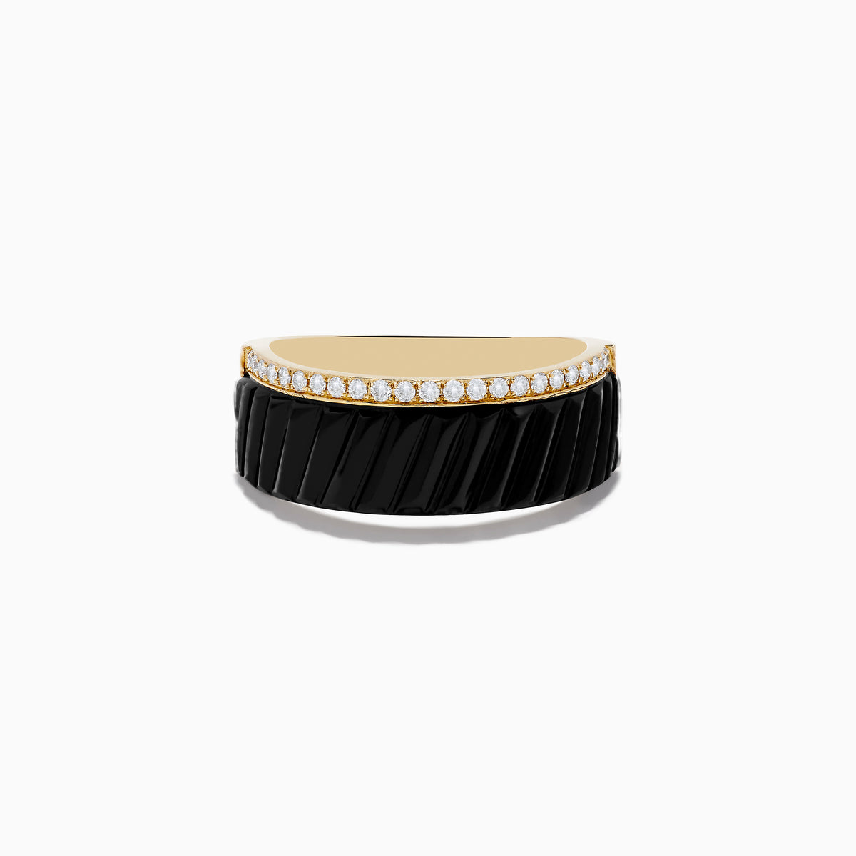 The Mens Eclipse 14K Yellow Gold Onyx and Diamond Band Ring features a row of small white diamonds atop a wide, black ridged onyx band, set against a white background.