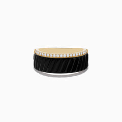 The Mens Eclipse 14K Yellow Gold Onyx and Diamond Band Ring features a row of small white diamonds atop a wide, black ridged onyx band, set against a white background.