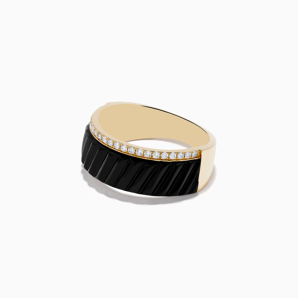 The Mens Eclipse 14K Yellow Gold Onyx and Diamond Band Ring features a row of small white diamonds atop a wide, black ridged onyx band, set against a white background.