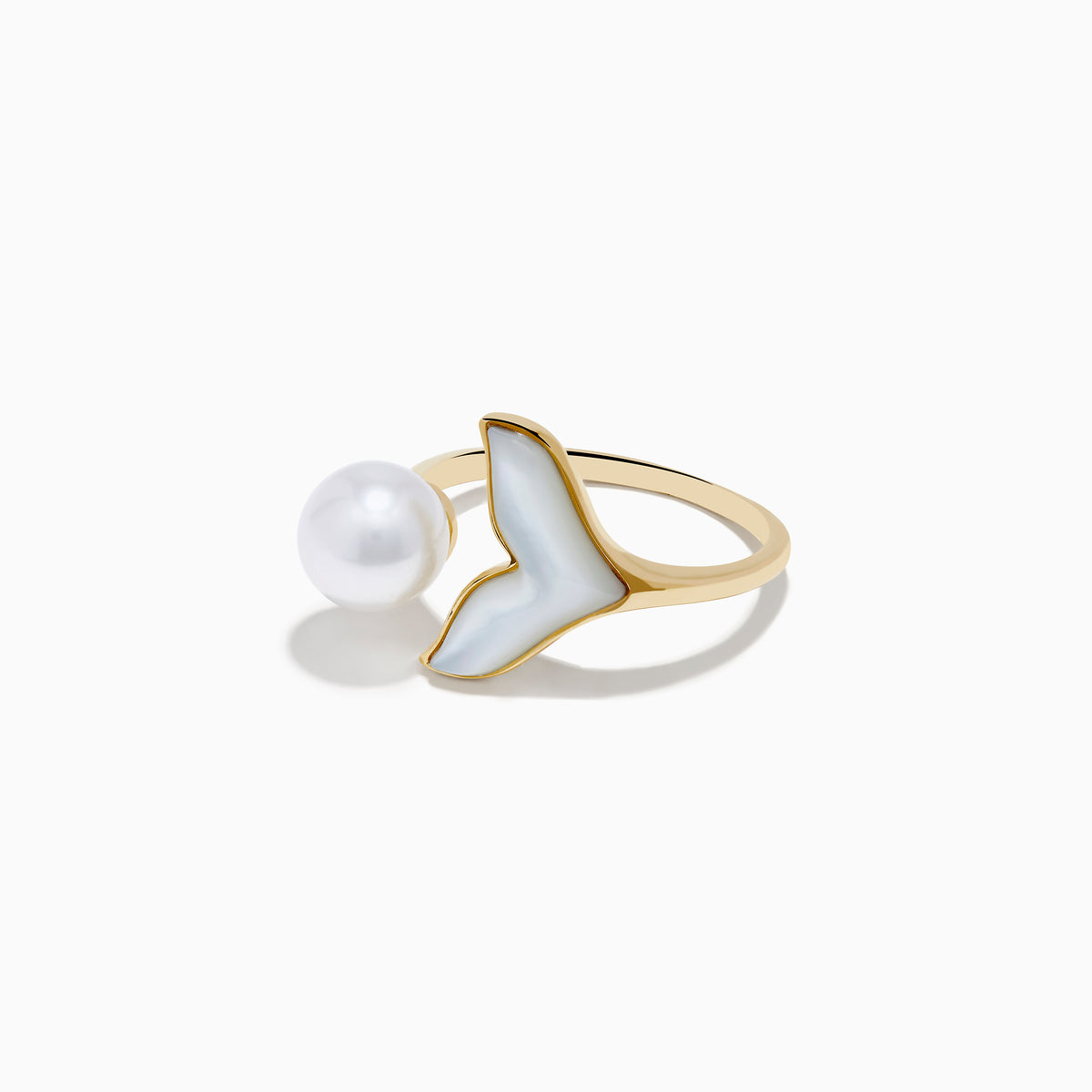 The 14K Yellow Gold Fresh Water Pearl and Mother Of Pearl Ring features a round freshwater pearl and a whale tail-shaped mother-of-pearl inlay, shown against a white background.