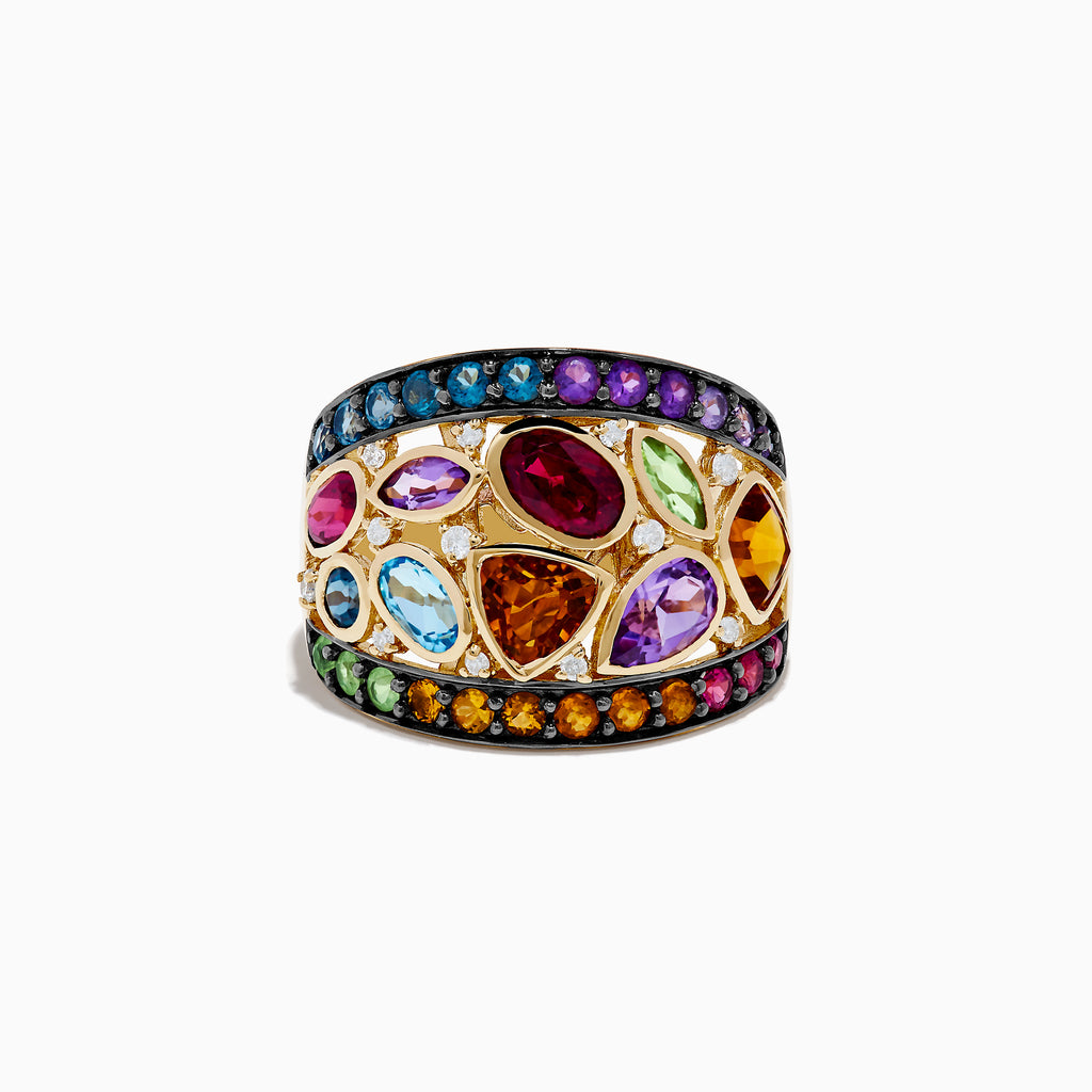 This 14K Yellow Gold Multi Color Gemstone and Diamond Ring features red, blue, purple, green, and orange stones of various shapes and sizes bordered by sparkling diamonds.