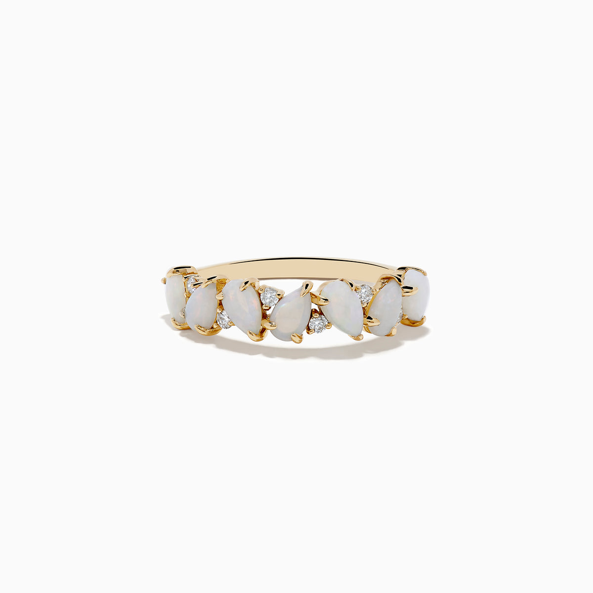 The Aurora 14K Yellow Gold Opal and Diamond Ring features seven oval opals in a row, each separated by sparkling round diamonds, shown on a white background.