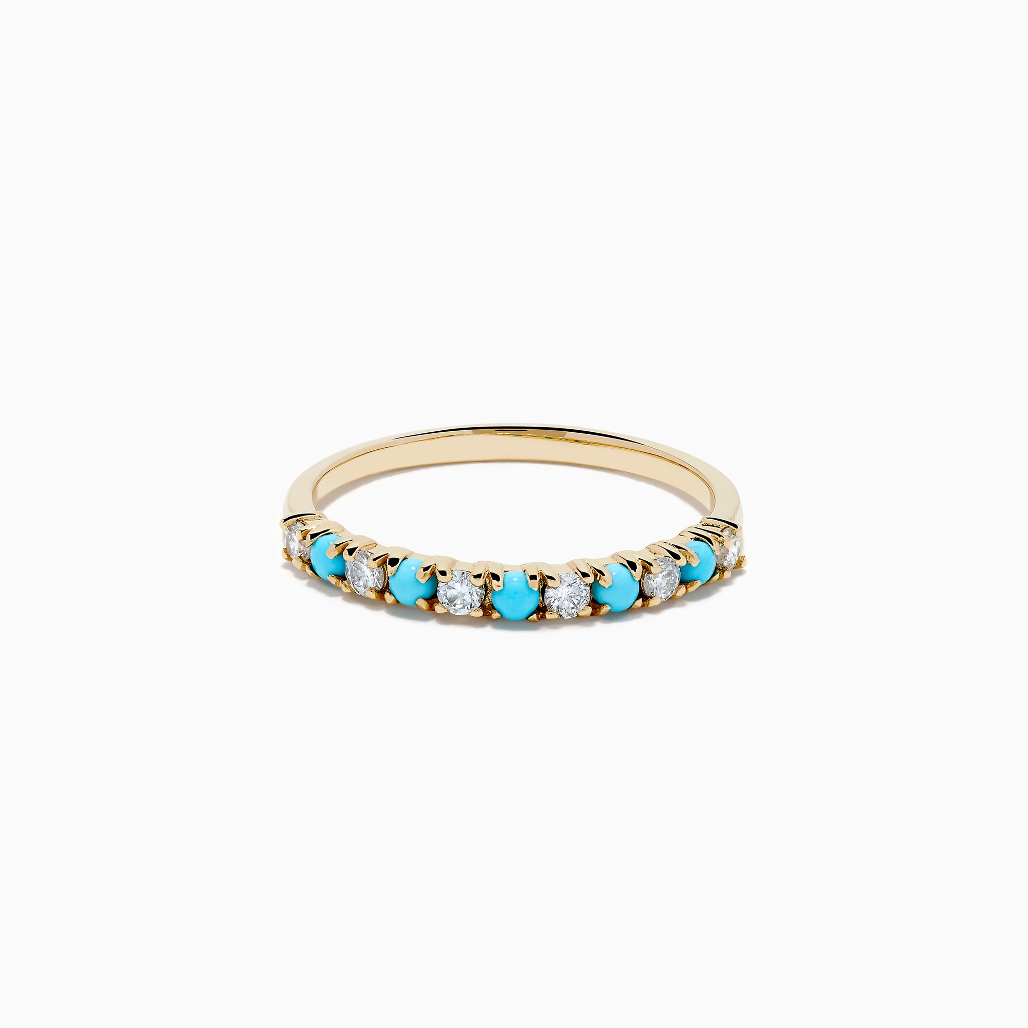 The 14K Yellow Gold Turquoise and Diamond Band features alternating small turquoise stones and white diamonds set in a row on the front half of the band, shown on a white background—a striking turquoise ring with diamond accents.