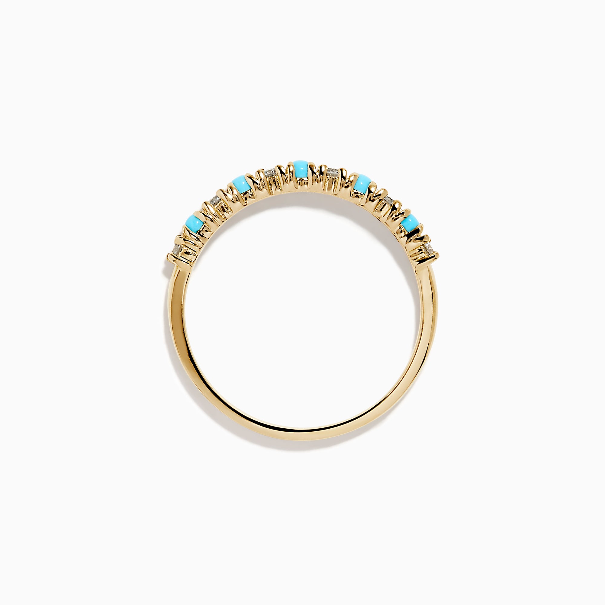 The 14K Yellow Gold Turquoise and Diamond Band features alternating small turquoise stones and white diamonds set in a row on the front half of the band, shown on a white background—a striking turquoise ring with diamond accents.
