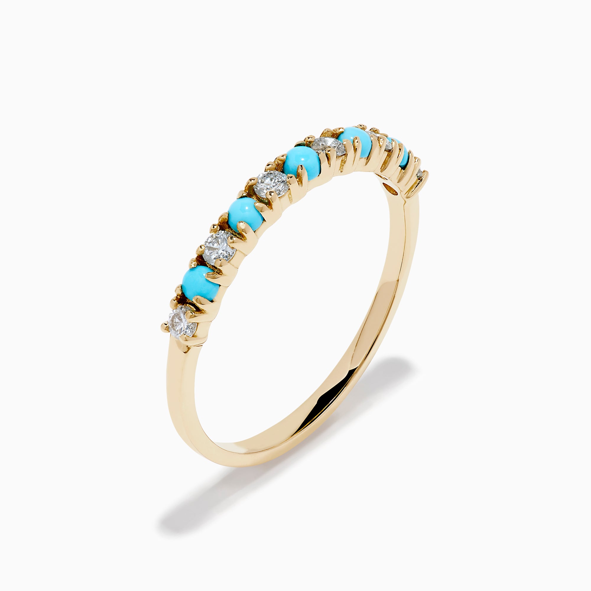 The 14K Yellow Gold Turquoise and Diamond Band features alternating small turquoise stones and white diamonds set in a row on the front half of the band, shown on a white background—a striking turquoise ring with diamond accents.