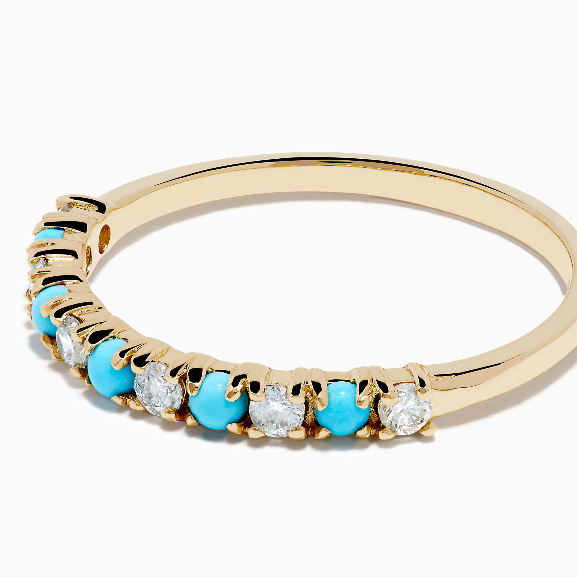 The 14K Yellow Gold Turquoise and Diamond Band features alternating small turquoise stones and white diamonds set in a row on the front half of the band, shown on a white background—a striking turquoise ring with diamond accents.