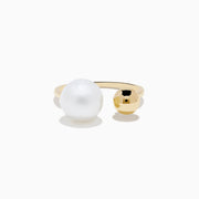 The 14K Yellow Gold Fresh Water Pearl and Bead Open Ring features a gleaming pearl on one end and a polished gold bead on the other, all showcased against a white background.