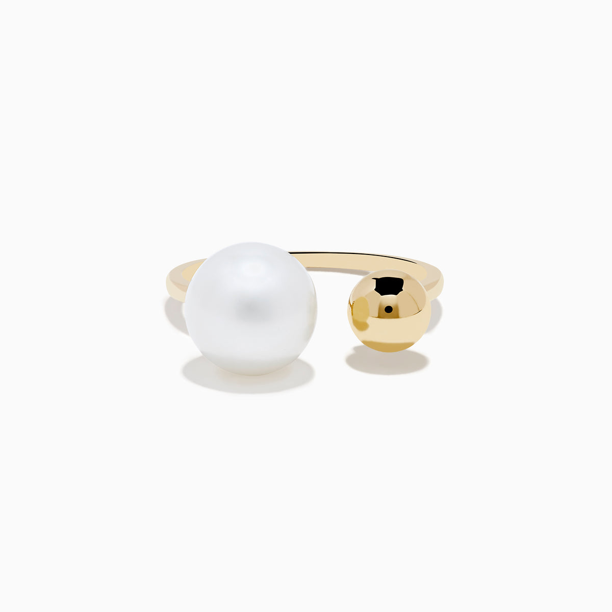 The 14K Yellow Gold Fresh Water Pearl and Bead Open Ring features a gleaming pearl on one end and a polished gold bead on the other, all showcased against a white background.
