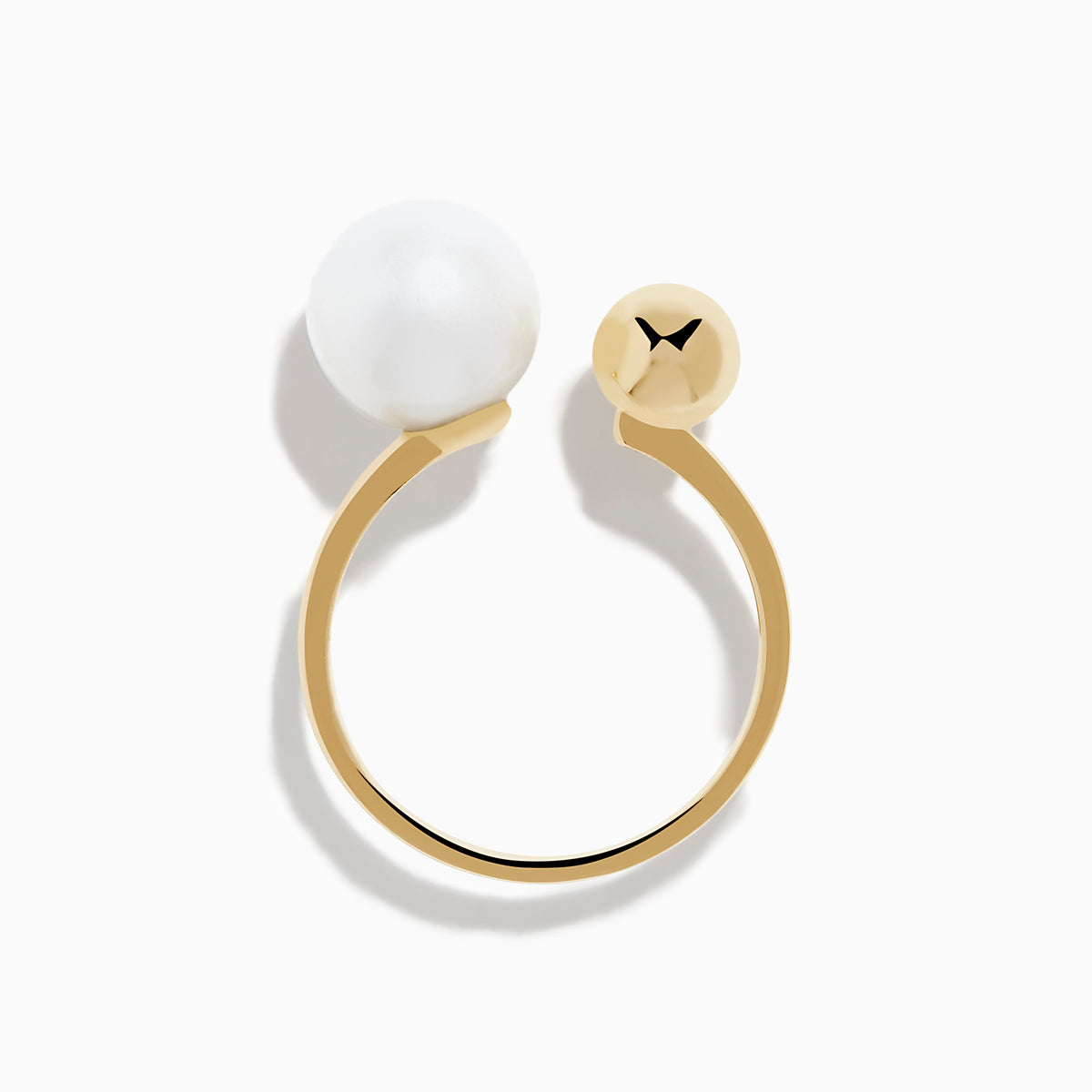 The 14K Yellow Gold Fresh Water Pearl and Bead Open Ring features a gleaming pearl on one end and a polished gold bead on the other, all showcased against a white background.