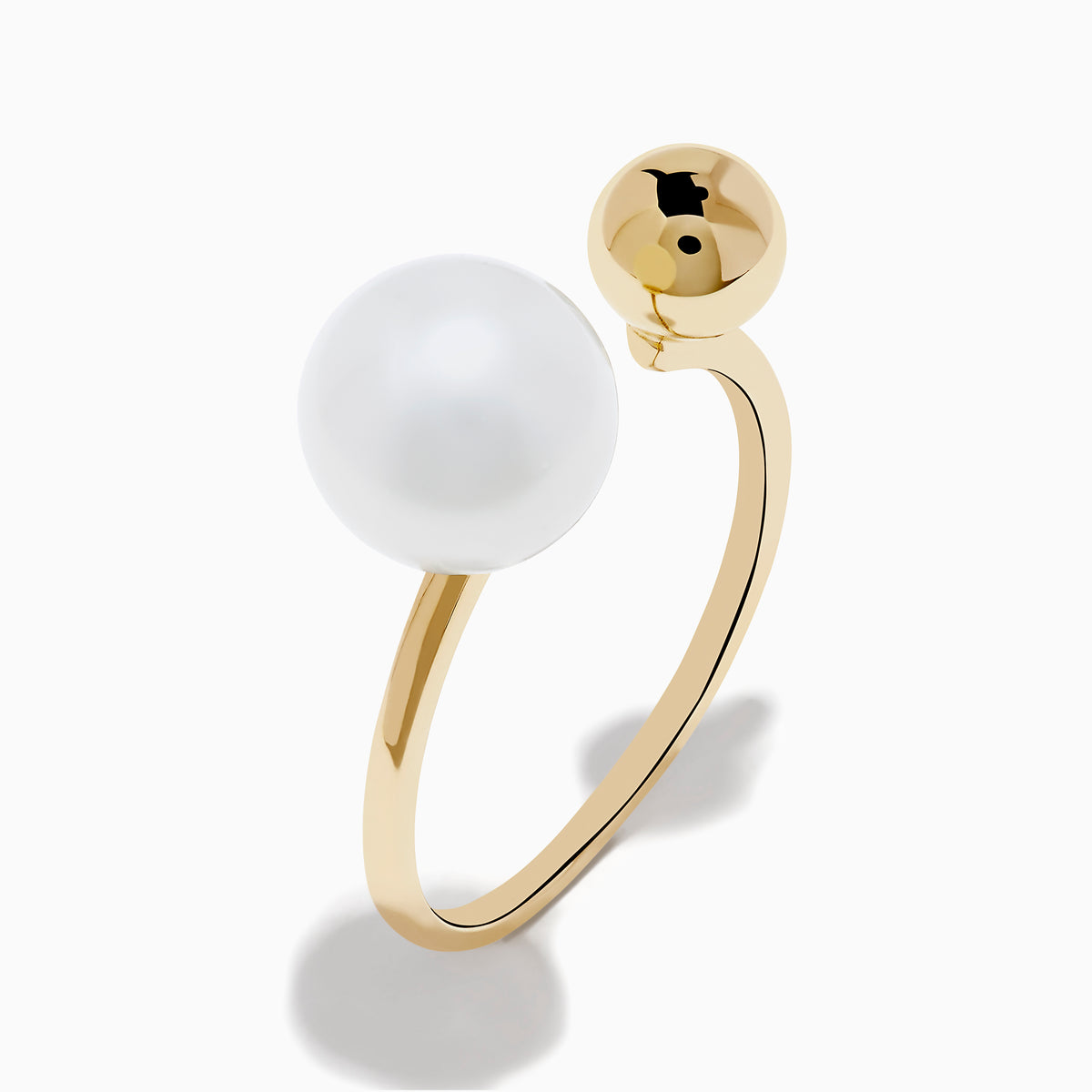 The 14K Yellow Gold Fresh Water Pearl and Bead Open Ring features a gleaming pearl on one end and a polished gold bead on the other, all showcased against a white background.