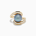 The 14K Yellow Gold Tahitian Pearl and Diamond Ring features a large dark pearl at the center with two curving diamond-accented bands, displayed on a white background.