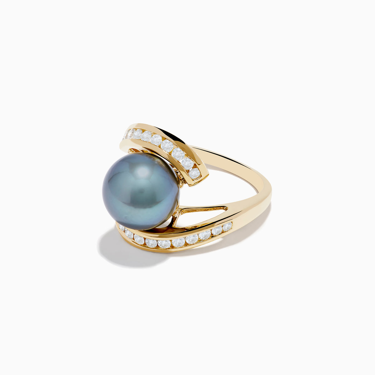 The 14K Yellow Gold Tahitian Pearl and Diamond Ring features a large dark pearl at the center with two curving diamond-accented bands, displayed on a white background.