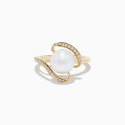 The Pearl 14K Yellow Gold Pearl and Diamond Ribbon Ring showcases a central white pearl highlighted by two curved, diamond-studded gold bands for a graceful, sparkling look.