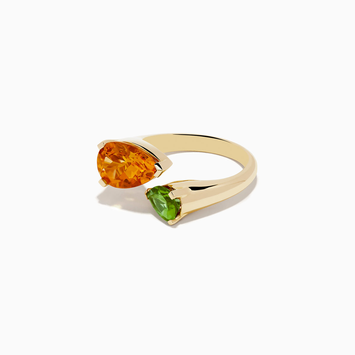 The 14k Yellow Gold Citrine and Peridot Toi Et Moi Ring features two large pear-shaped gemstones—vivid citrine and vibrant peridot—set side by side with open ends.