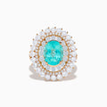 The Effy Hematian 18K Rose Gold Paraiba and Diamond Ring features an oval turquoise center stone, surrounded by sparkling round white diamonds in a double halo design, set against a white background.