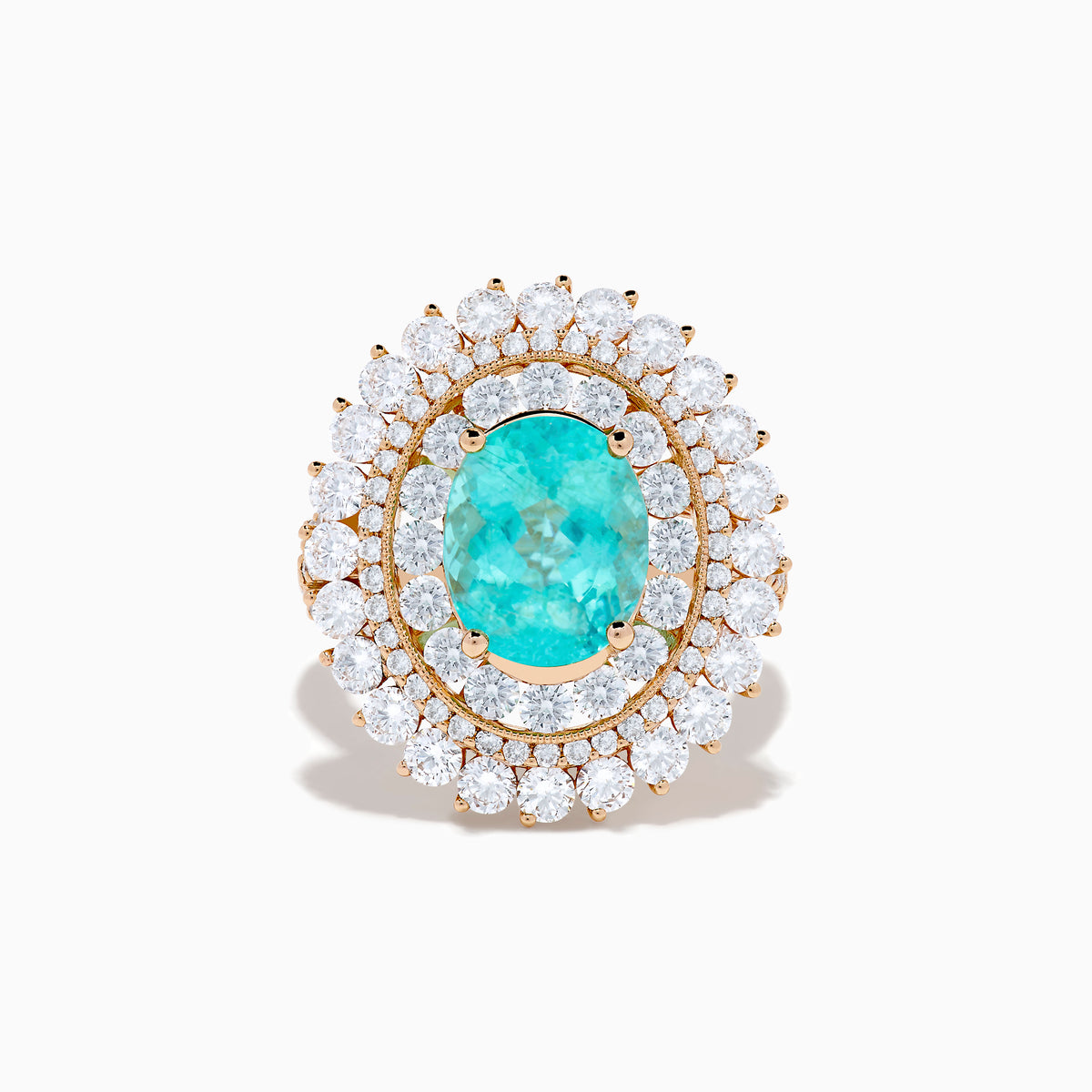 The Effy Hematian 18K Rose Gold Paraiba and Diamond Ring features an oval turquoise center stone, surrounded by sparkling round white diamonds in a double halo design, set against a white background.