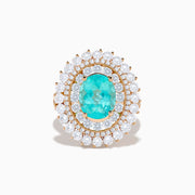 The Effy Hematian 18K Rose Gold Paraiba and Diamond Ring features an oval turquoise center stone, surrounded by sparkling round white diamonds in a double halo design, set against a white background.
