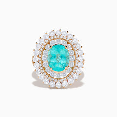 The Effy Hematian 18K Rose Gold Paraiba and Diamond Ring features an oval turquoise center stone, surrounded by sparkling round white diamonds in a double halo design, set against a white background.