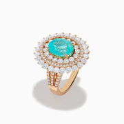 The Effy Hematian 18K Rose Gold Paraiba and Diamond Ring features an oval turquoise center stone, surrounded by sparkling round white diamonds in a double halo design, set against a white background.