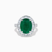 The Effy Hematian 18K White Gold Oval Emerald and Diamond Halo Ring is displayed against a pristine white background.