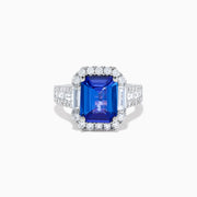 The Effy Hematian 18K White Gold Tanzanite and Diamond Halo Cocktail Ring is shown from the front, featuring an emerald-cut blue tanzanite with a diamond halo and diamond-accented band against a white background.