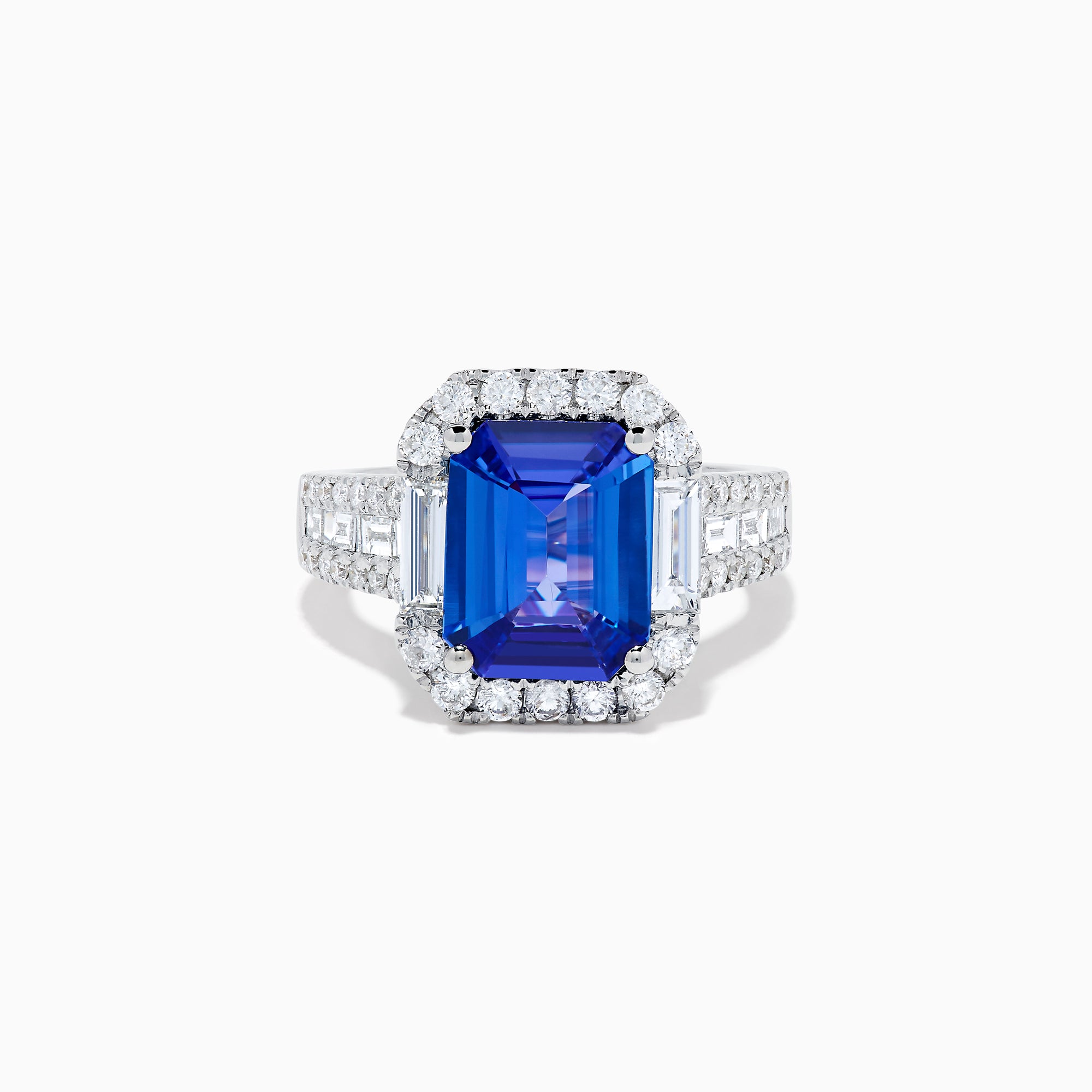 The Effy Hematian 18K White Gold Tanzanite and Diamond Halo Cocktail Ring is shown from the front, featuring an emerald-cut blue tanzanite with a diamond halo and diamond-accented band against a white background.