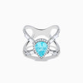 The Effy Hematian 14K White Gold Paraiba and Diamond Criss Cross Ring features a stunning pear-shaped Paraiba gemstone at its center with sparkling diamonds, all set on an elegant split shank band against a white background.