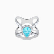 The Effy Hematian 14K White Gold Paraiba and Diamond Criss Cross Ring features a stunning pear-shaped Paraiba gemstone at its center with sparkling diamonds, all set on an elegant split shank band against a white background.