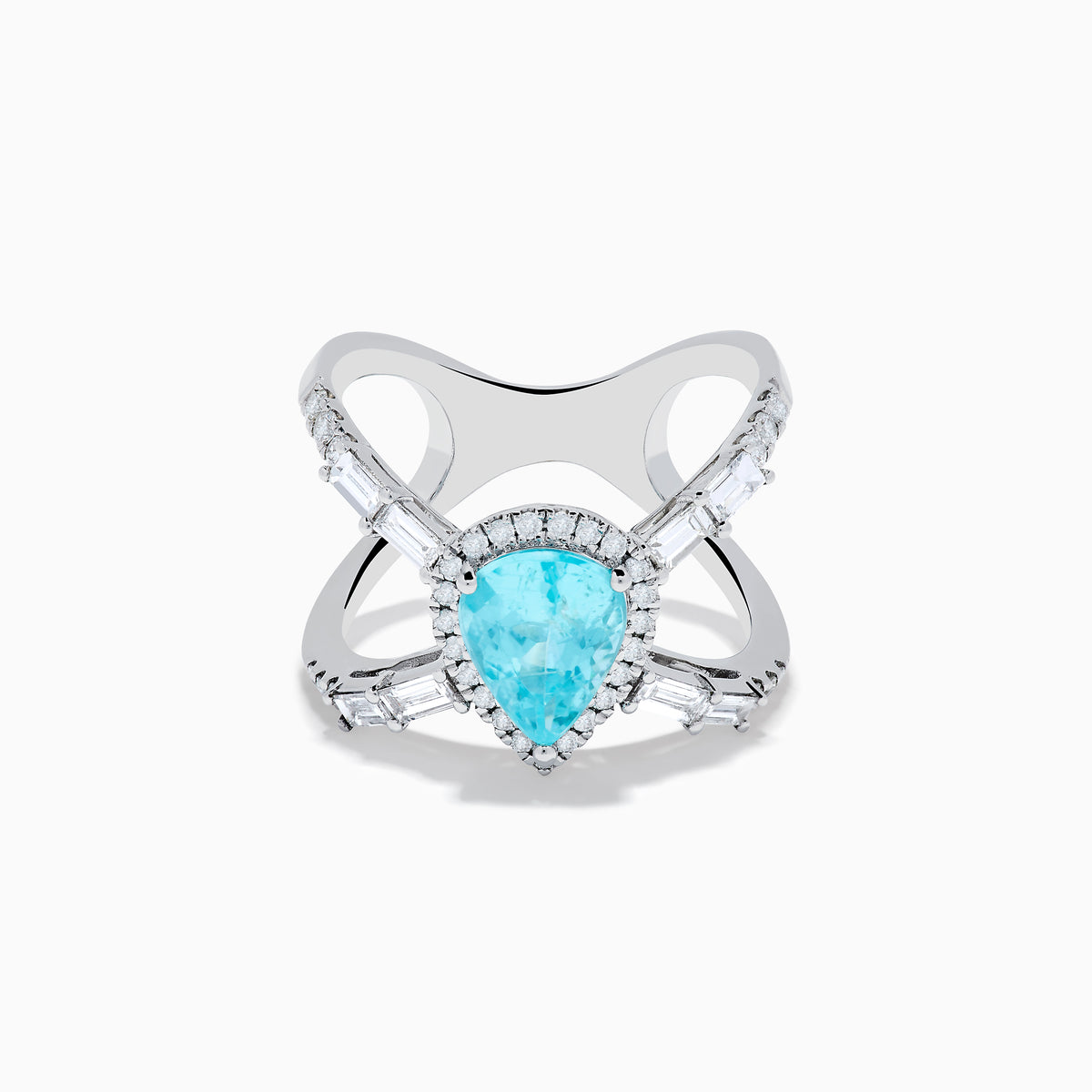 The Effy Hematian 14K White Gold Paraiba and Diamond Criss Cross Ring features a stunning pear-shaped Paraiba gemstone at its center with sparkling diamonds, all set on an elegant split shank band against a white background.