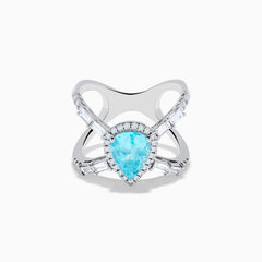 The Effy Hematian 14K White Gold Paraiba and Diamond Criss Cross Ring features a stunning pear-shaped Paraiba gemstone at its center with sparkling diamonds, all set on an elegant split shank band against a white background.