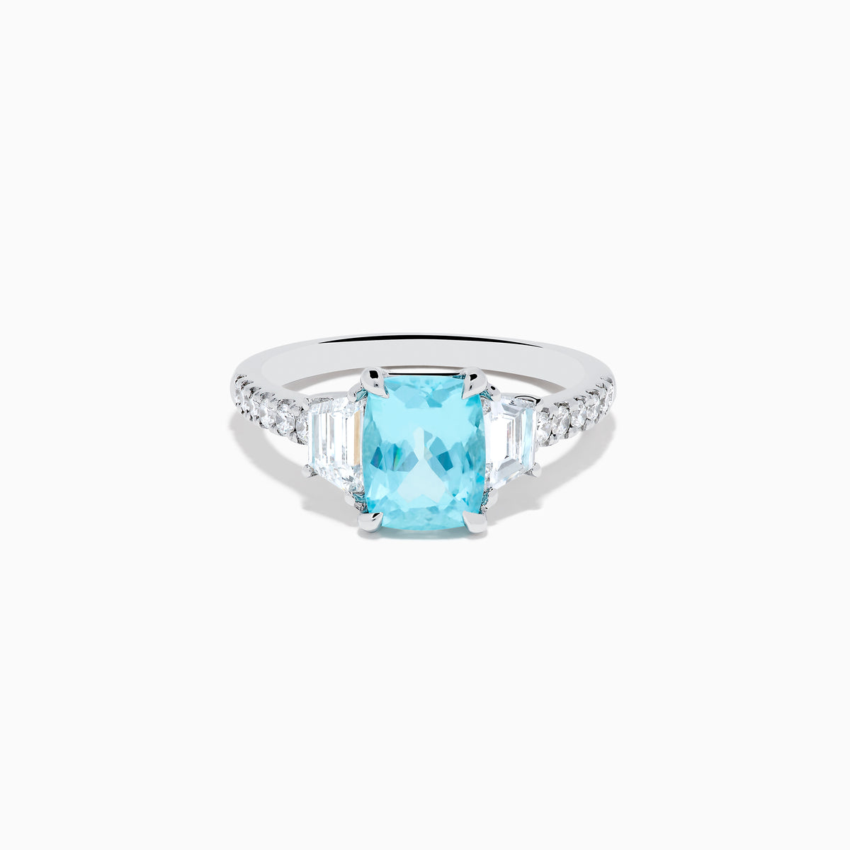 The Effy Hematian 18K White Gold Paraiba Tourmaline and Diamond Ring showcases a vibrant, large rectangular tourmaline center stone, flanked by two side diamonds and a band adorned with small round diamonds.