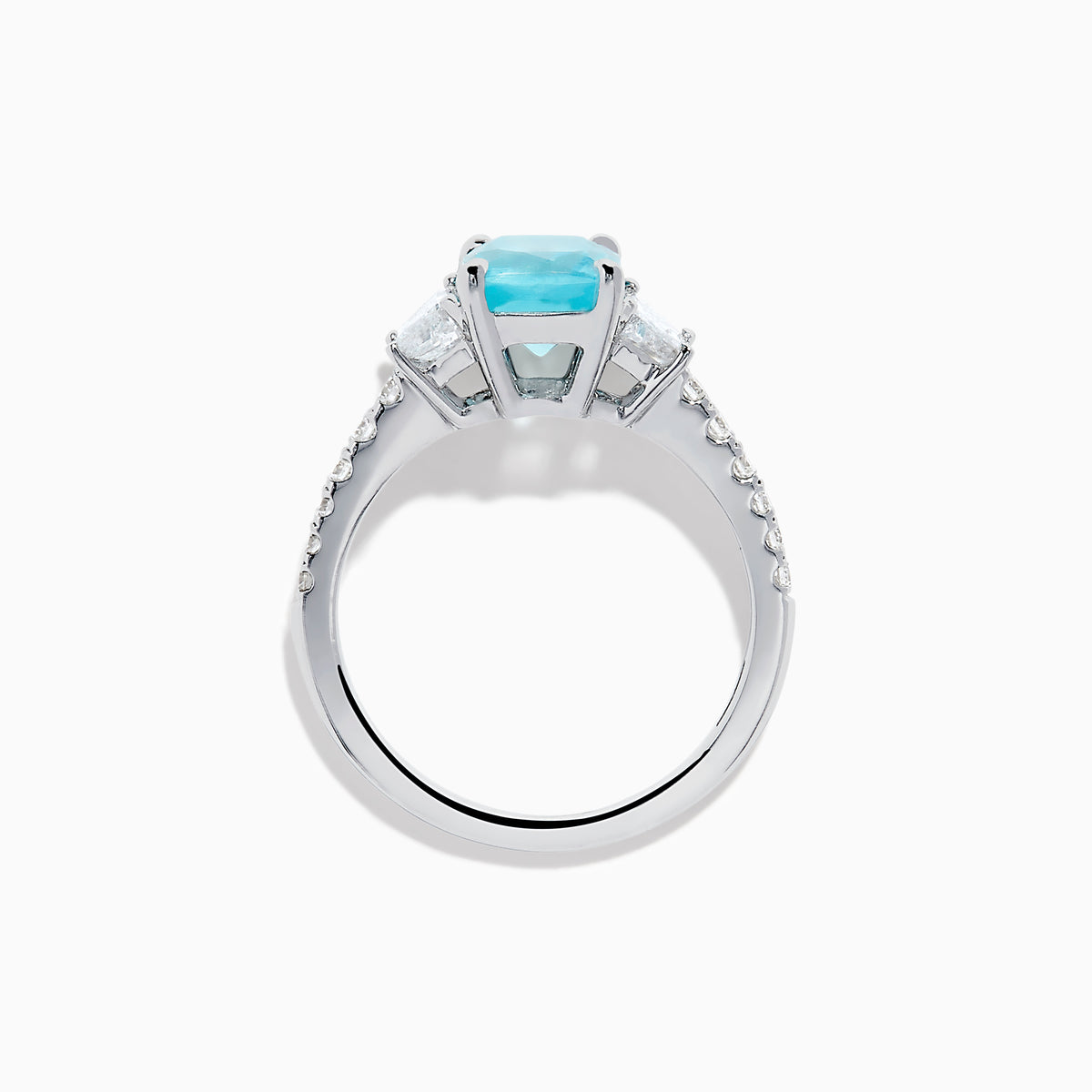 The Effy Hematian 18K White Gold Paraiba Tourmaline and Diamond Ring showcases a vibrant, large rectangular tourmaline center stone, flanked by two side diamonds and a band adorned with small round diamonds.