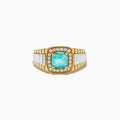 A striking Mens 18K Two Tone GIA Certified Paraiba and Diamond Ring showcases a square-cut Paraiba gemstone encircled by round diamonds, with a ridged gold band accented with silver for an elegant finish.