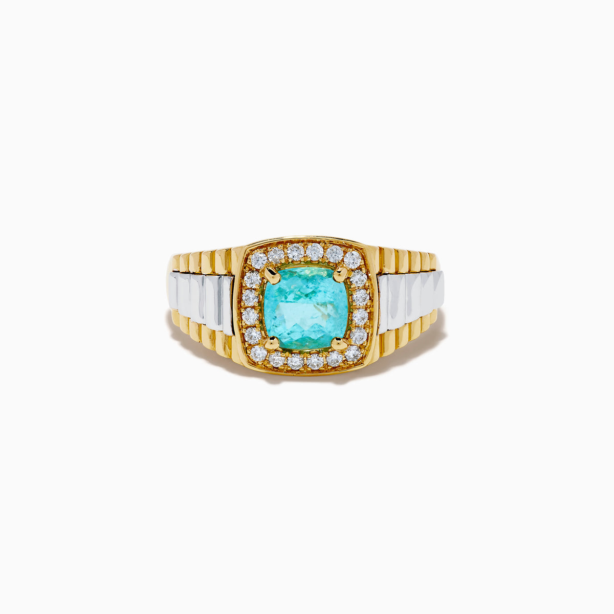 A striking Mens 18K Two Tone GIA Certified Paraiba and Diamond Ring showcases a square-cut Paraiba gemstone encircled by round diamonds, with a ridged gold band accented with silver for an elegant finish.