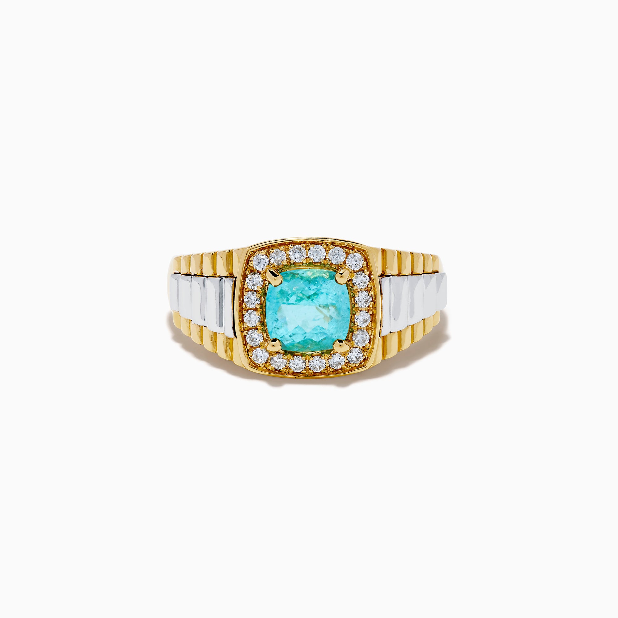 A striking Mens 18K Two Tone GIA Certified Paraiba and Diamond Ring showcases a square-cut Paraiba gemstone encircled by round diamonds, with a ridged gold band accented with silver for an elegant finish.
