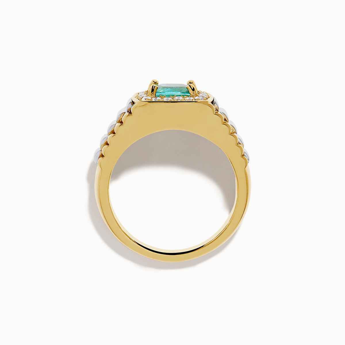A striking Mens 18K Two Tone GIA Certified Paraiba and Diamond Ring showcases a square-cut Paraiba gemstone encircled by round diamonds, with a ridged gold band accented with silver for an elegant finish.