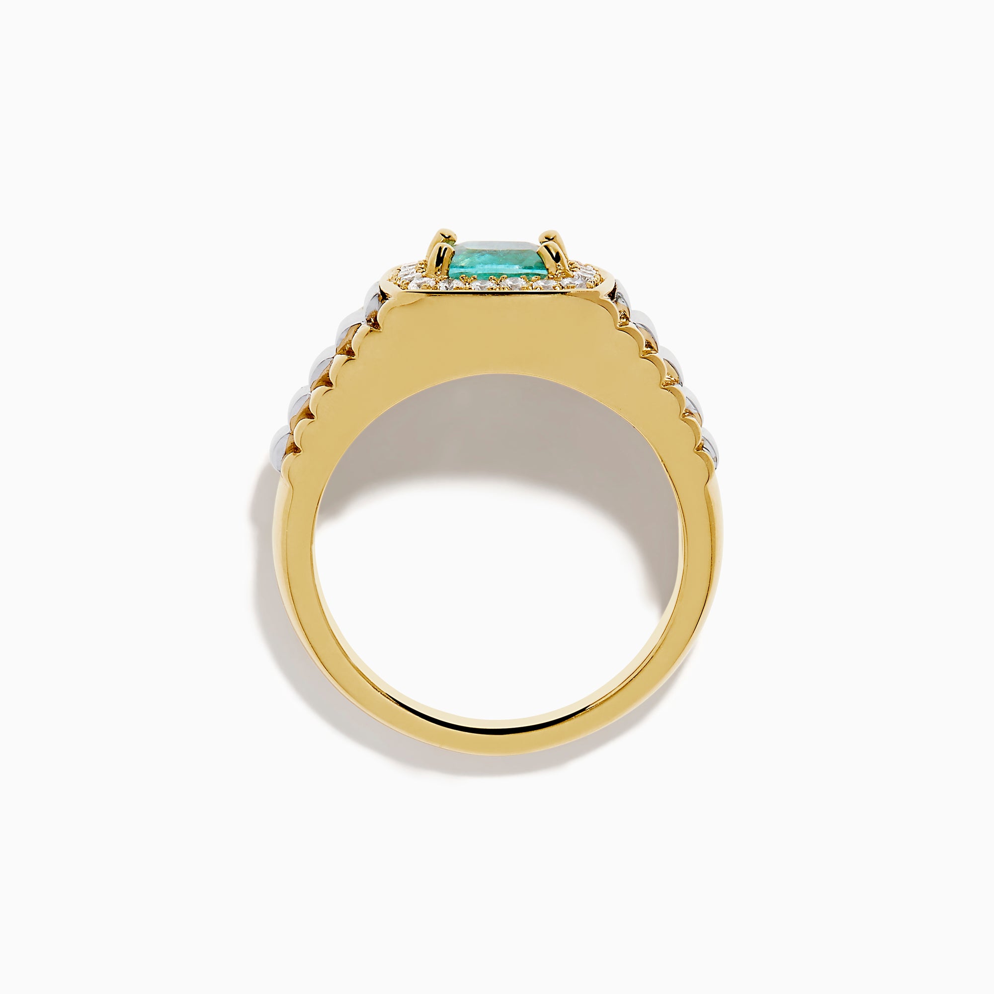 A striking Mens 18K Two Tone GIA Certified Paraiba and Diamond Ring showcases a square-cut Paraiba gemstone encircled by round diamonds, with a ridged gold band accented with silver for an elegant finish.