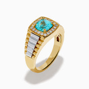 A striking Mens 18K Two Tone GIA Certified Paraiba and Diamond Ring showcases a square-cut Paraiba gemstone encircled by round diamonds, with a ridged gold band accented with silver for an elegant finish.