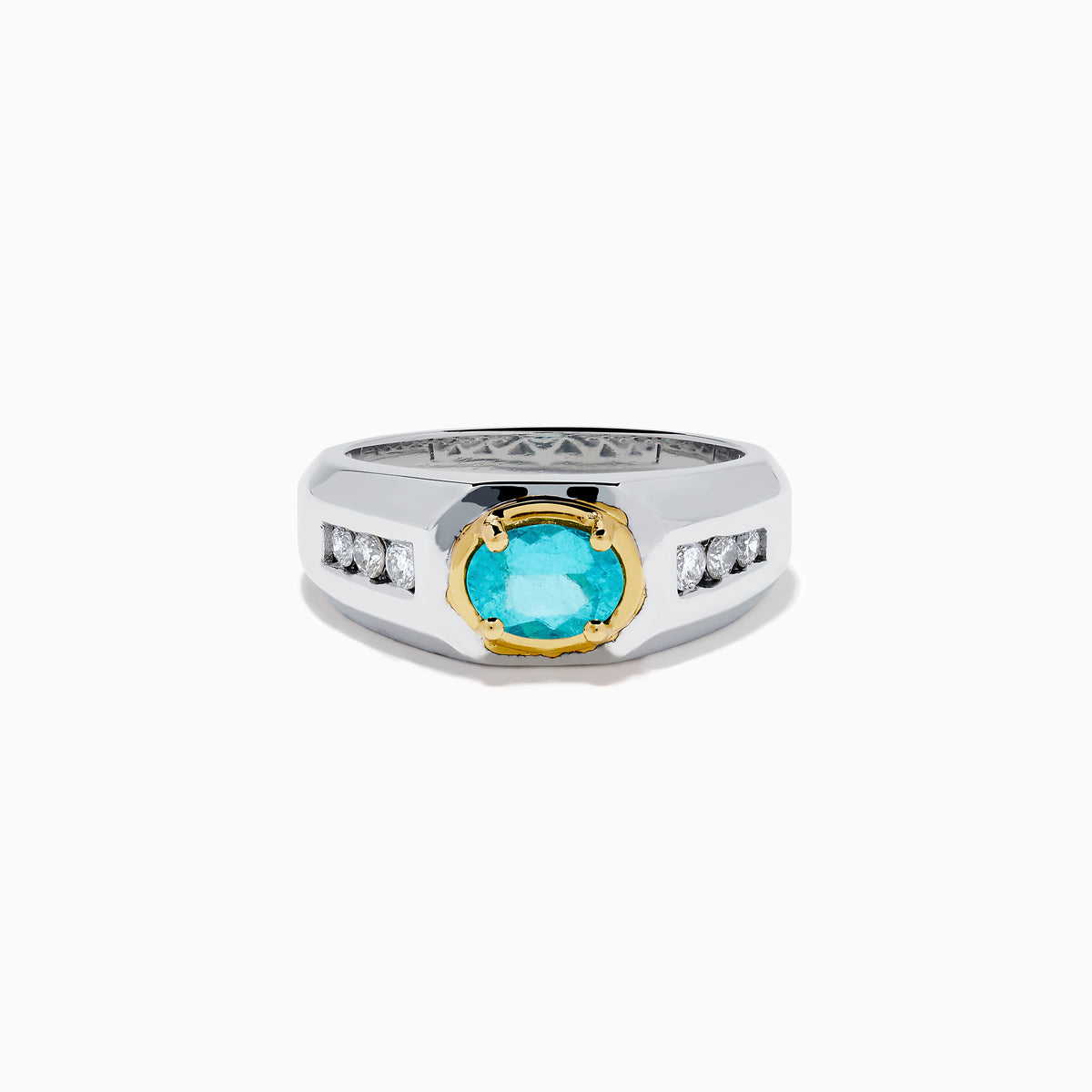 A mens 18K two tone GIA certified Paraiba and diamond ring featuring an oval Paraiba gemstone in a gold setting, accented by three diamonds on each side, displayed on a white background.