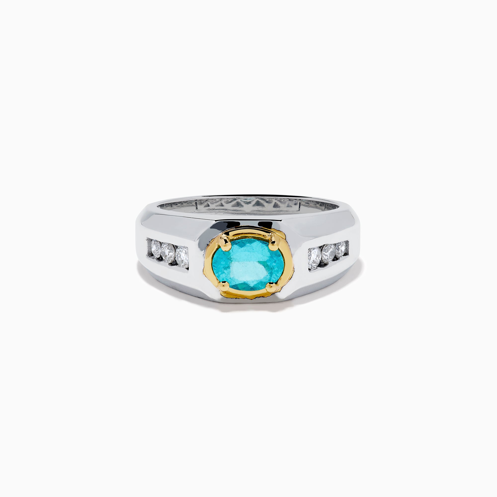 A mens 18K two tone GIA certified Paraiba and diamond ring featuring an oval Paraiba gemstone in a gold setting, accented by three diamonds on each side, displayed on a white background.