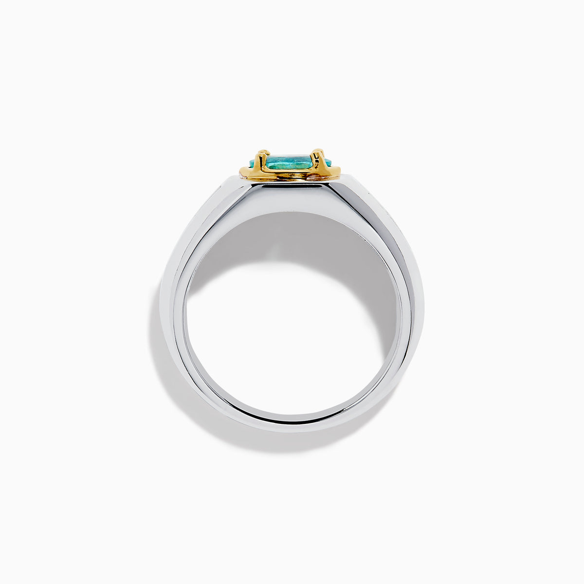 A mens 18K two tone GIA certified Paraiba and diamond ring featuring an oval Paraiba gemstone in a gold setting, accented by three diamonds on each side, displayed on a white background.