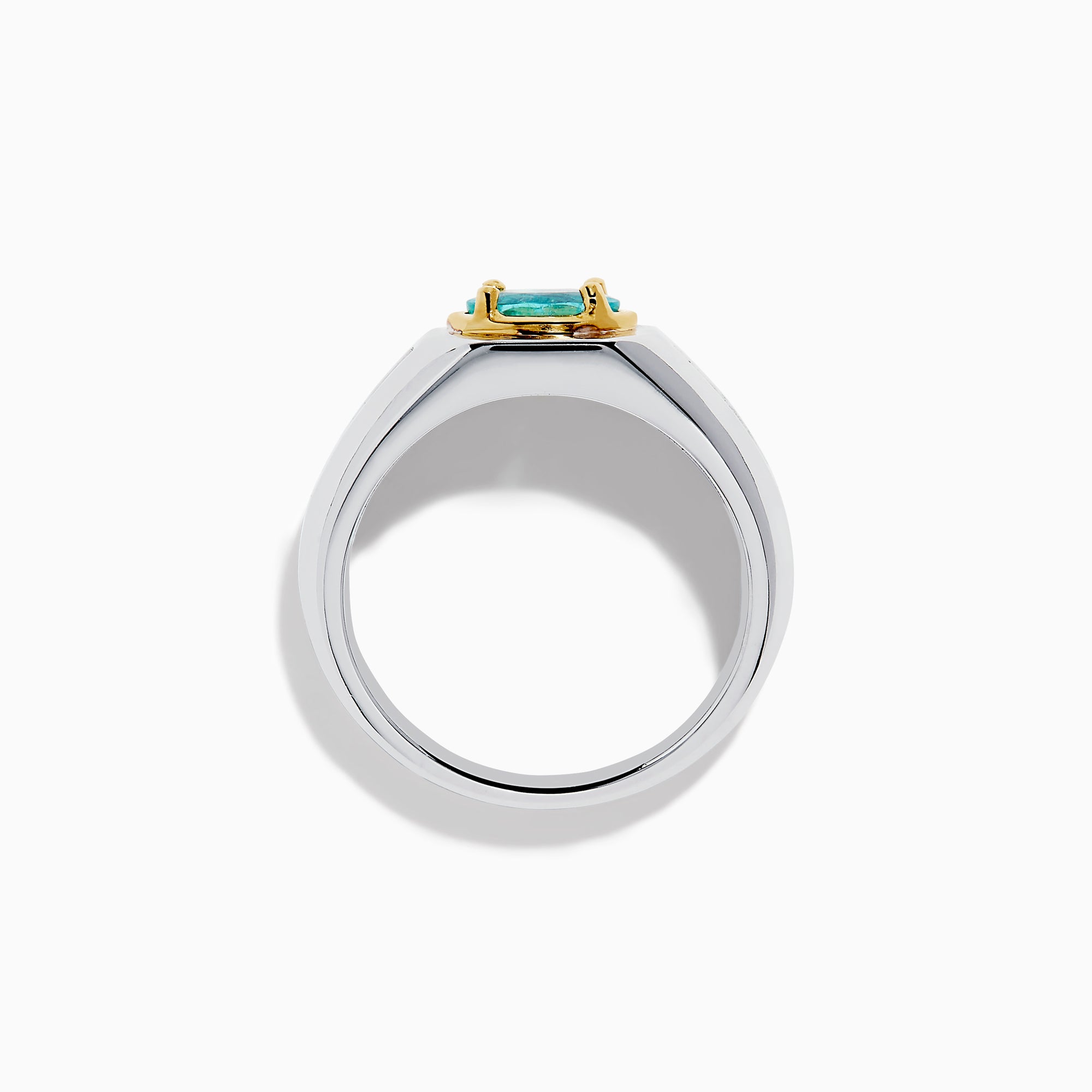 A mens 18K two tone GIA certified Paraiba and diamond ring featuring an oval Paraiba gemstone in a gold setting, accented by three diamonds on each side, displayed on a white background.