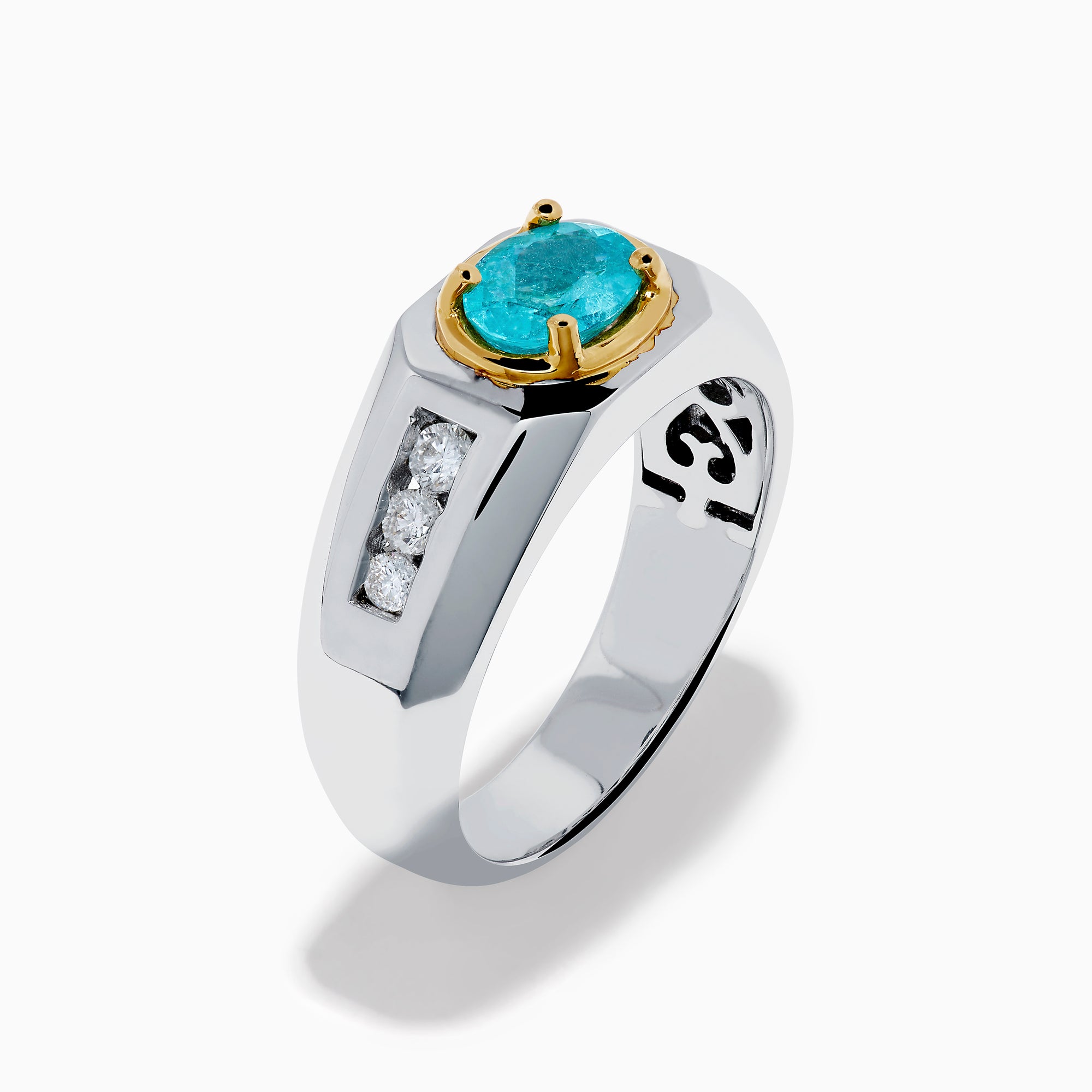 A mens 18K two tone GIA certified Paraiba and diamond ring featuring an oval Paraiba gemstone in a gold setting, accented by three diamonds on each side, displayed on a white background.