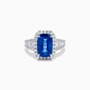 The Effy Hematian 18K Gold Elongated Cushion Blue Sapphire and Diamond Ring features a striking blue sapphire framed by round and baguette diamonds, with additional diamond accents along the split shank band.