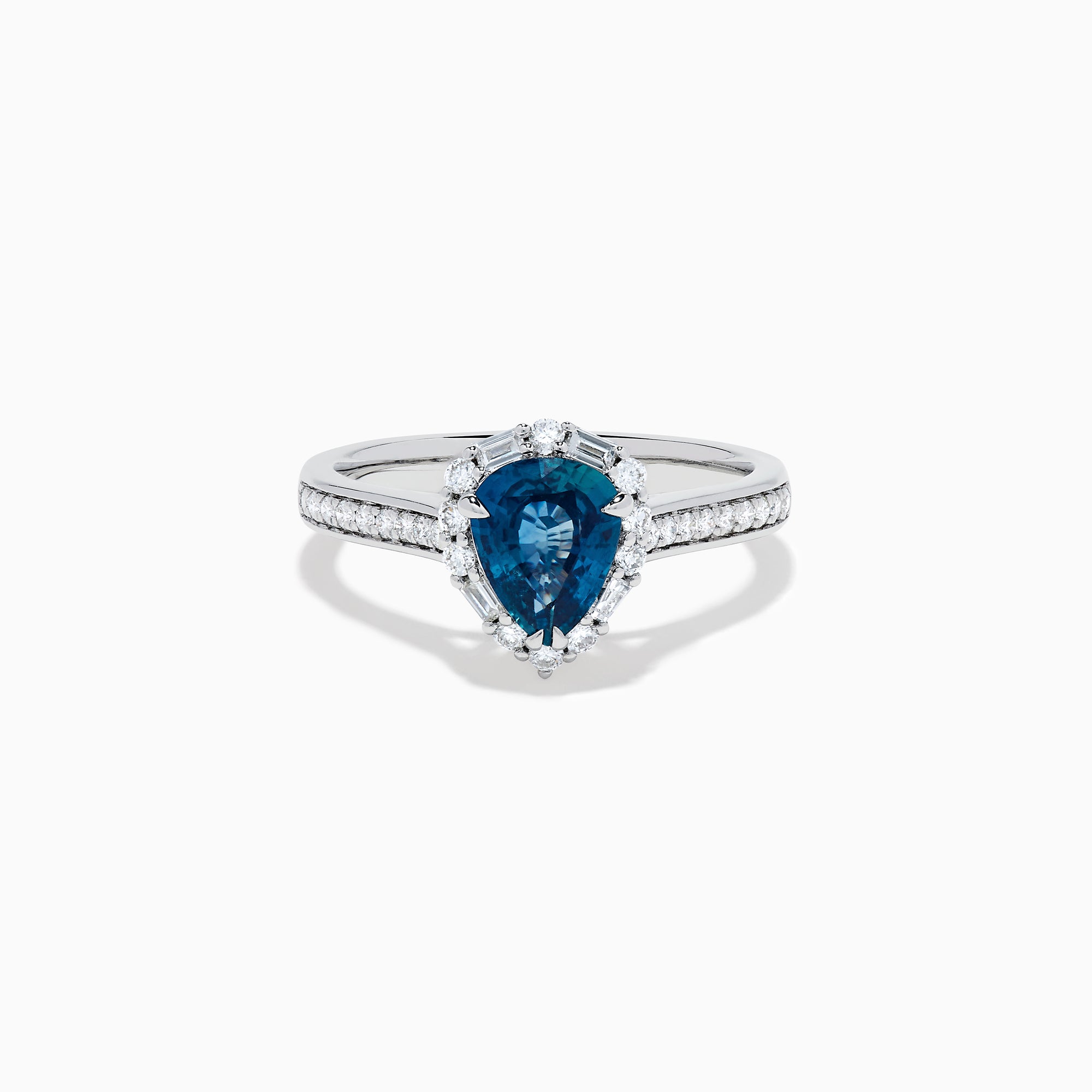 The Effy Hematian 18K White Gold Ring features a pear-shaped blue sapphire, surrounded by a halo of diamonds and set on a diamond-studded band, elegantly displayed against a white background.