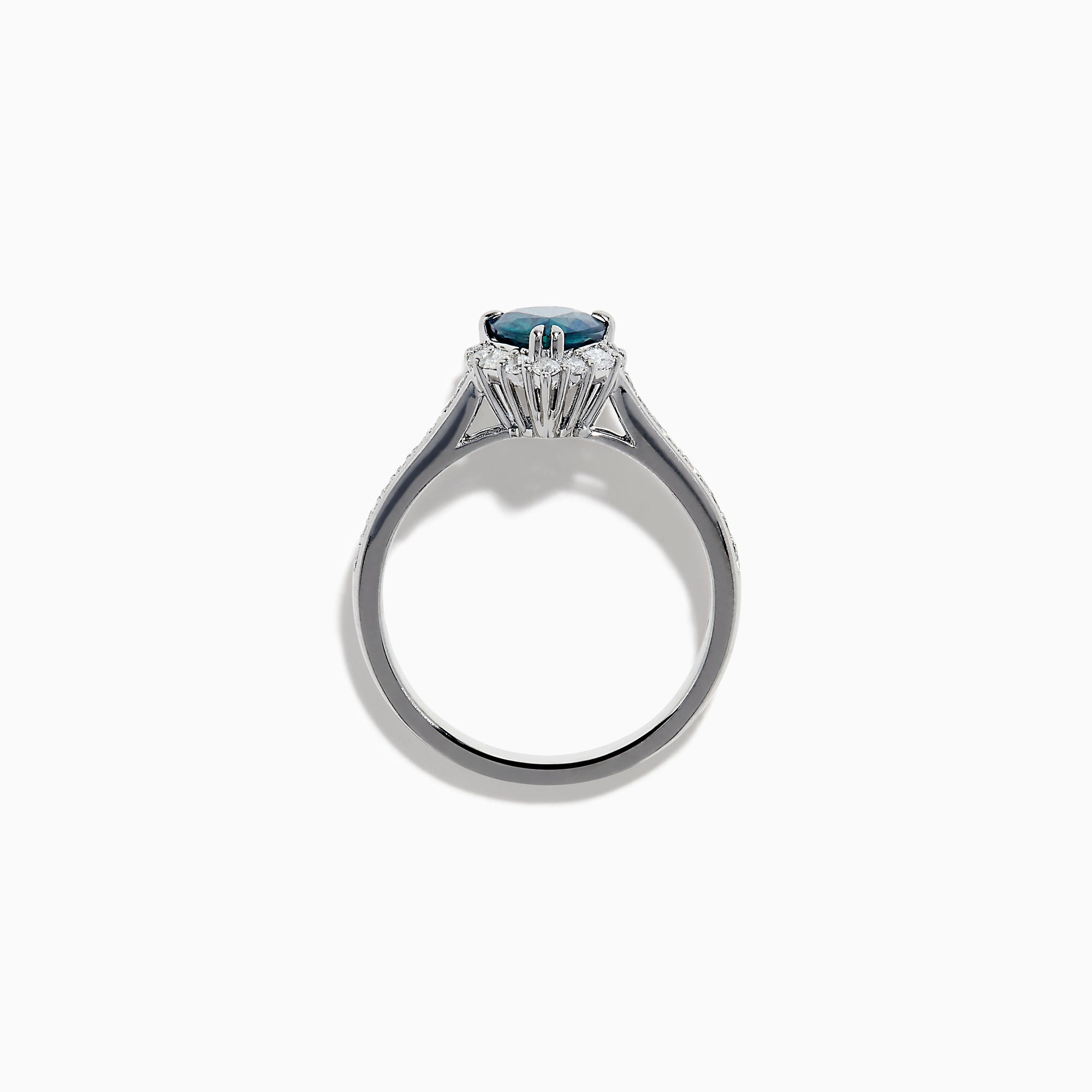 The Effy Hematian 18K White Gold Ring features a pear-shaped blue sapphire, surrounded by a halo of diamonds and set on a diamond-studded band, elegantly displayed against a white background.