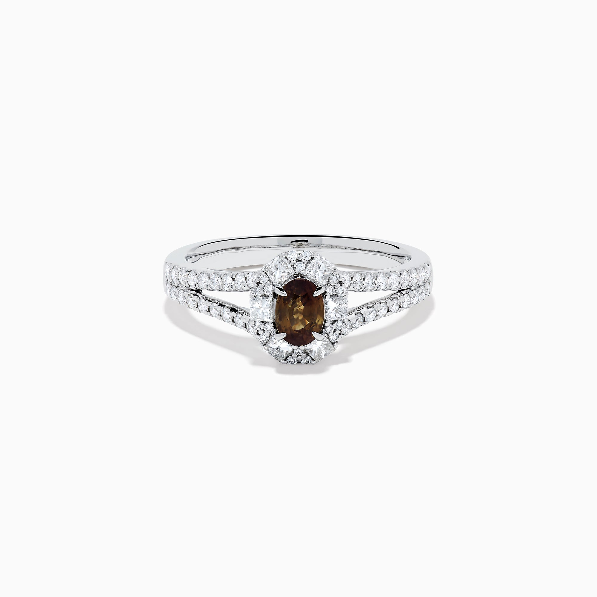 The Effy Hematian 18K White Gold Oval Alexandrite and Diamond Halo Ring features a central oval alexandrite surrounded by clear diamond accents in a halo and along the split shank band.