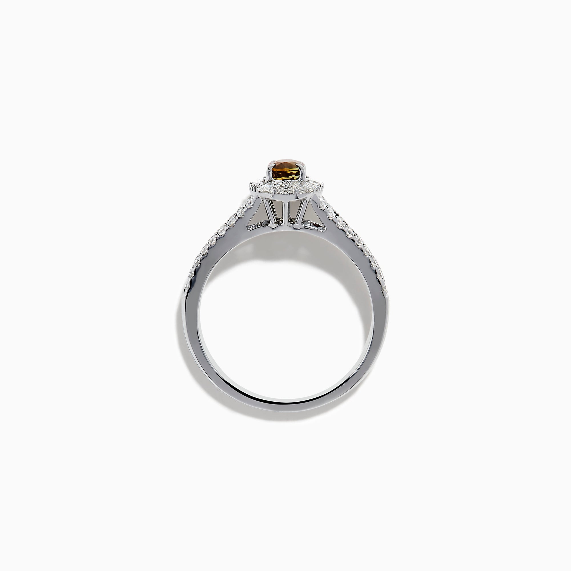 The Effy Hematian 18K White Gold Oval Alexandrite and Diamond Halo Ring features a central oval alexandrite surrounded by clear diamond accents in a halo and along the split shank band.