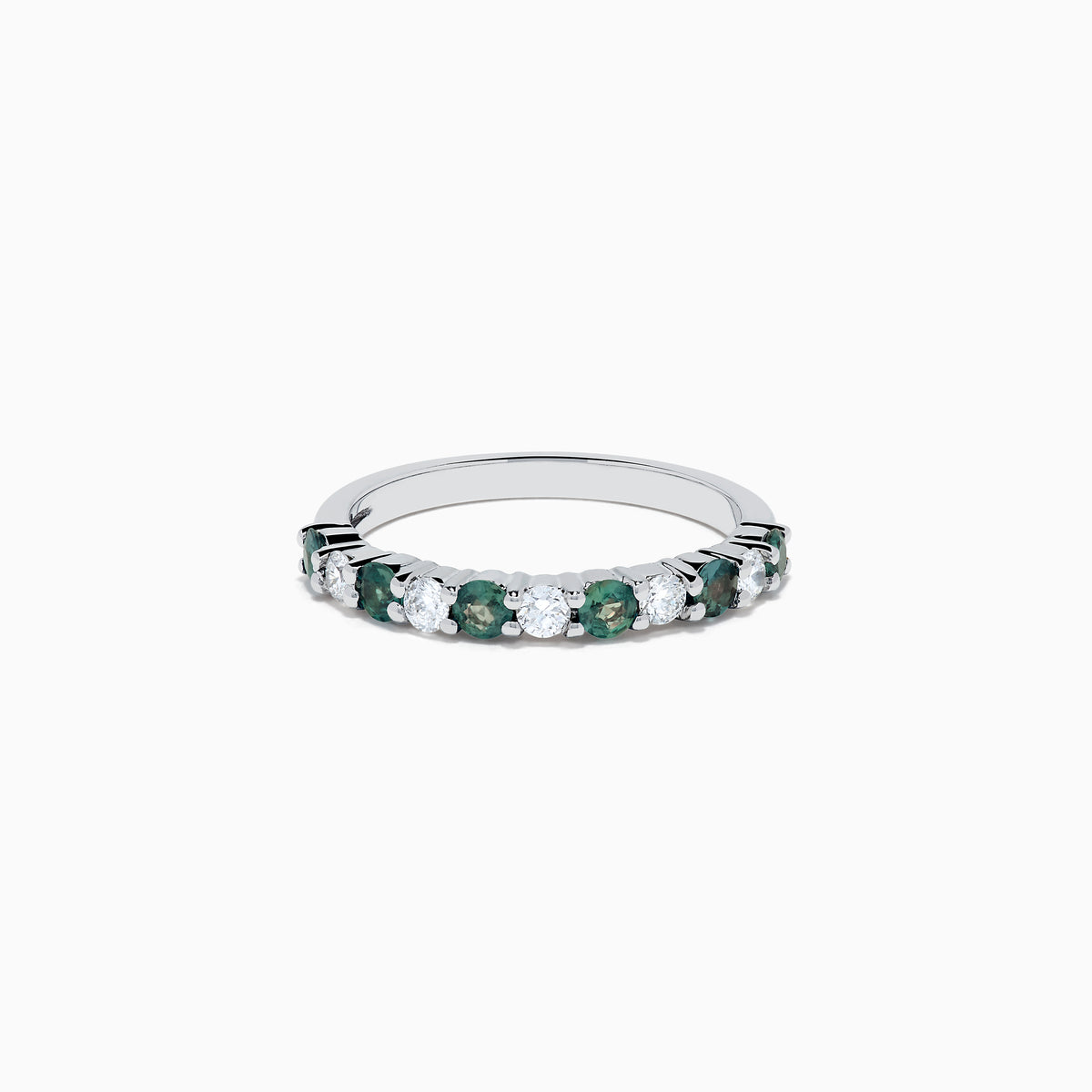 The Effy Hematian 14K White Gold Alexandrite and Diamond 11-Stone Ring showcases alternating green alexandrite and white diamonds along the band, set against a plain white background.