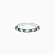 The Effy Hematian 14K White Gold Alexandrite and Diamond 11-Stone Ring showcases alternating green alexandrite and white diamonds along the band, set against a plain white background.